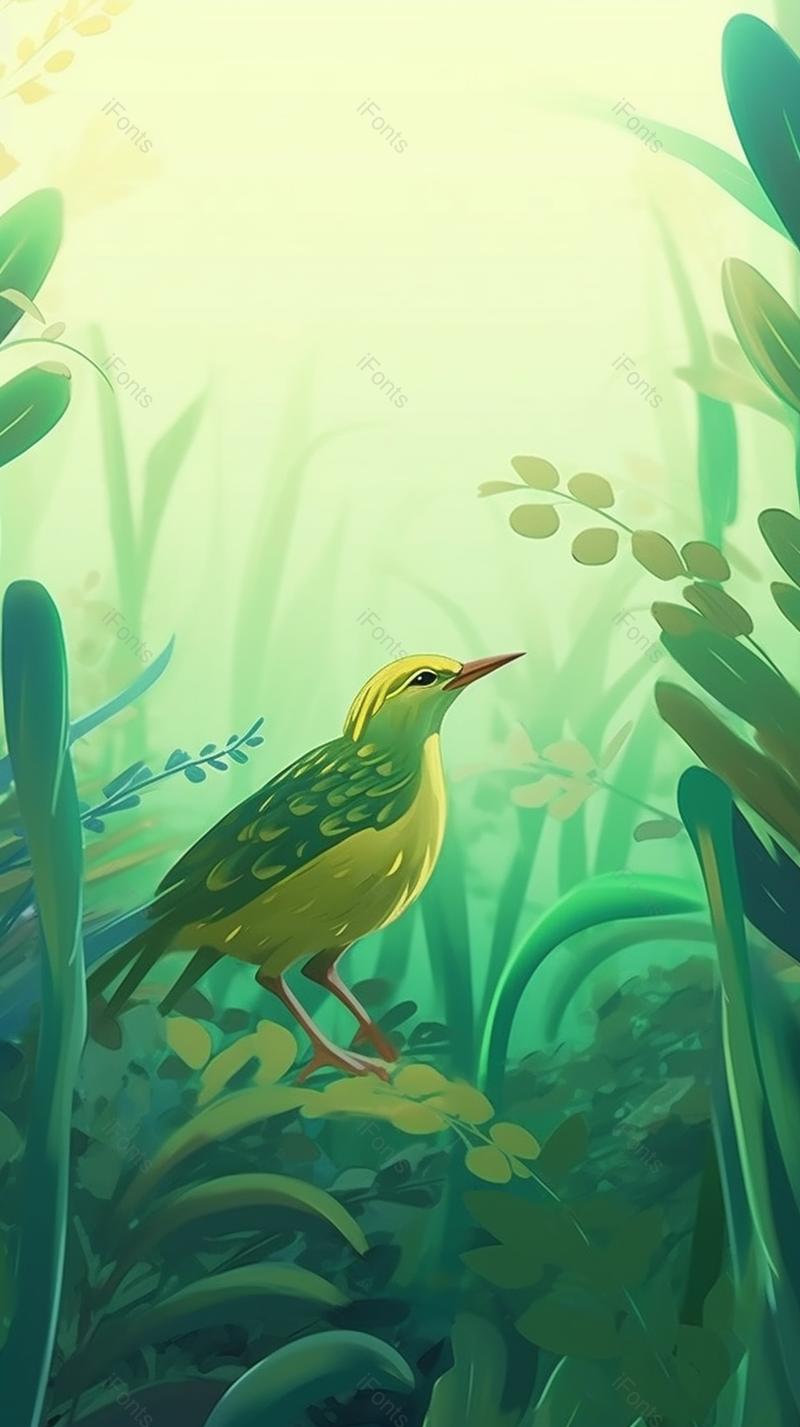 动物壁纸唯美绿色背景卡通鸟雀插画手绘植物风景图,插画/手绘图,插画/手绘图库,插画/手绘图下载,插画/手绘